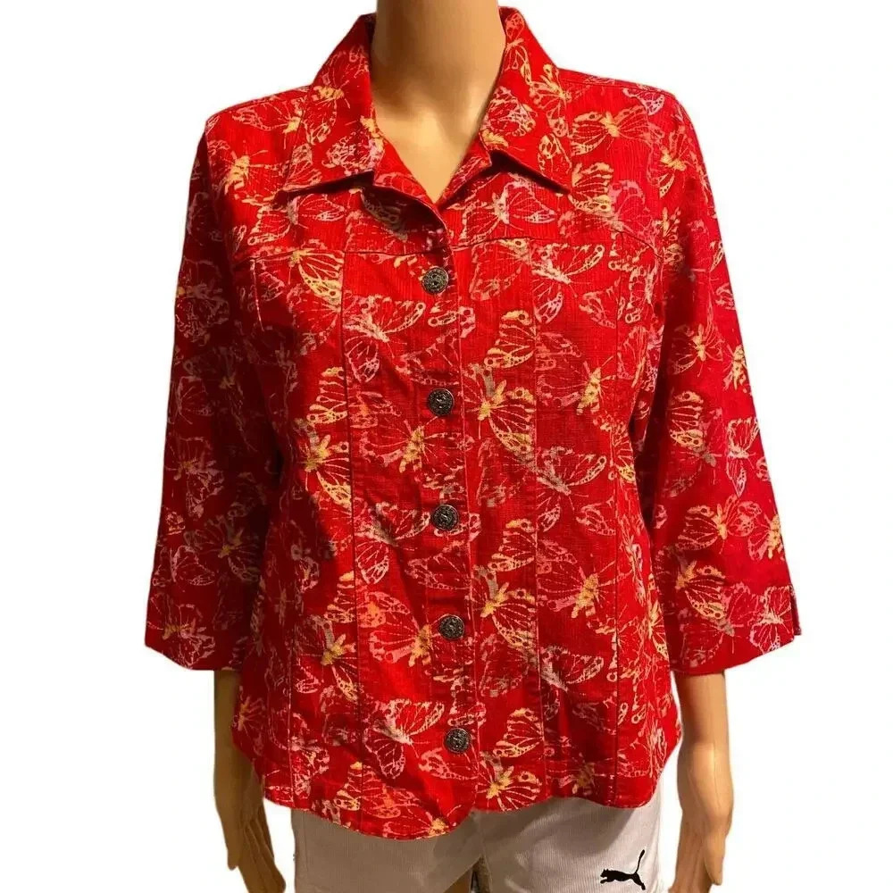 Christopher & Banks Linen Cotton Blend Butterflies Print Blouse/Jacket Women SzS